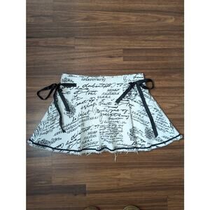 Body Central Black & White Script Mini Skirt Ribbon Side Ties- Size XL- Y2K Glam